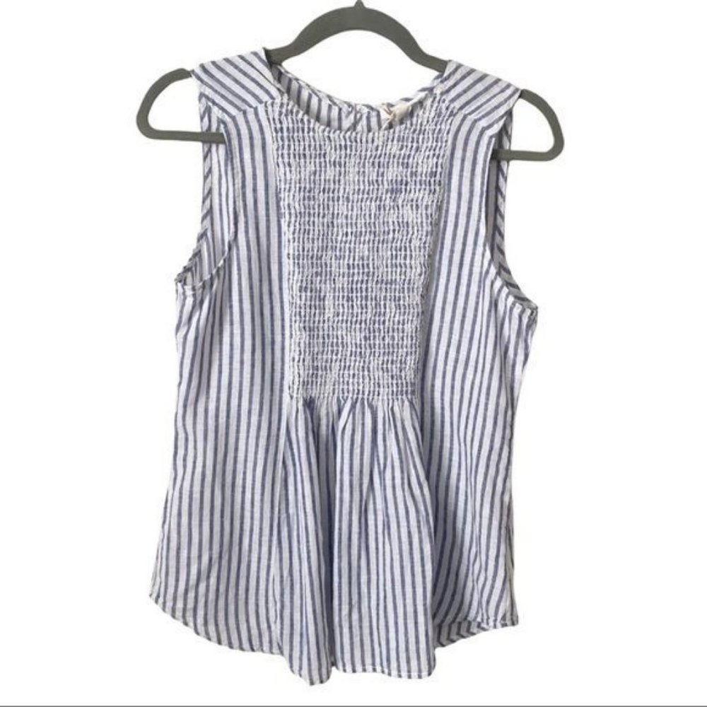 NWT beachlunchlounge Blue/White Striped Linen Blend Smocked Tank Top